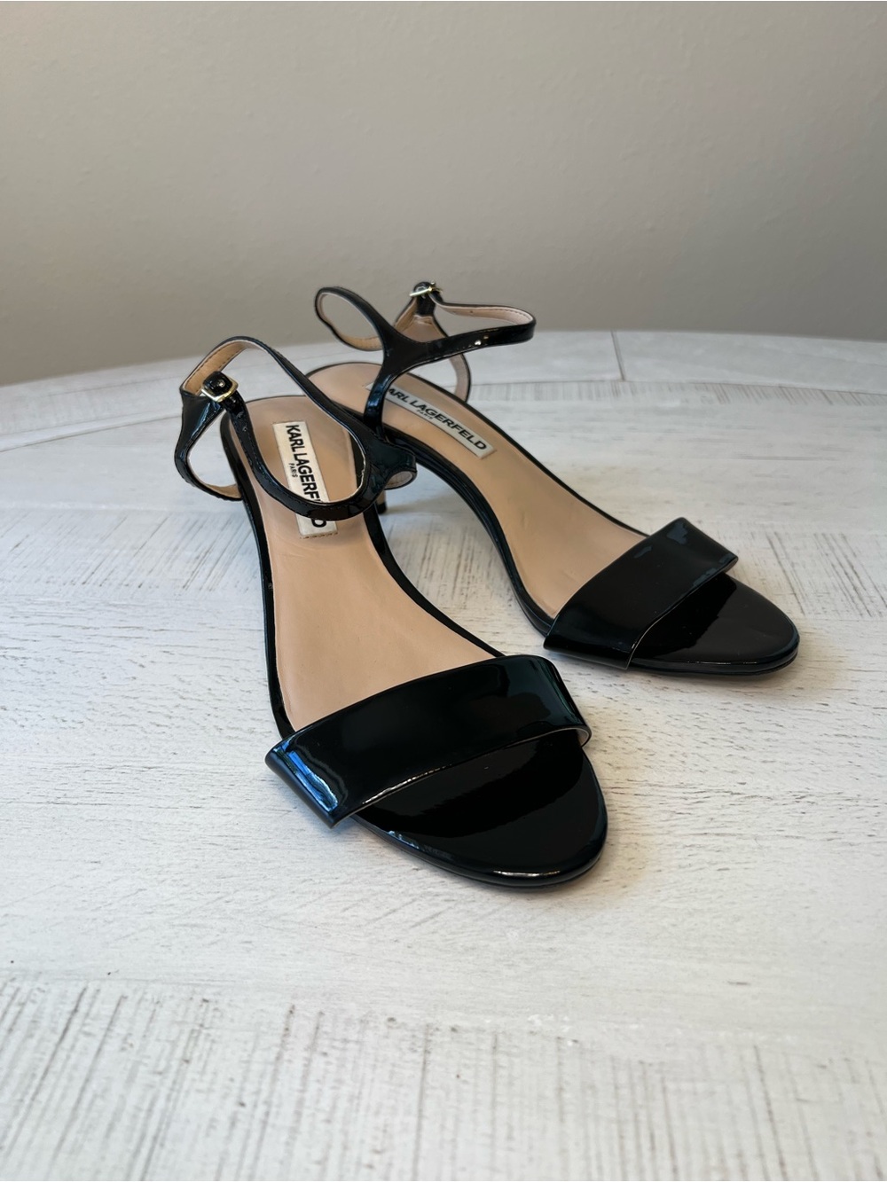 Karl Lagerfeld Women's Black Patent Ankle-Strap Heels - Picture 1 of 5